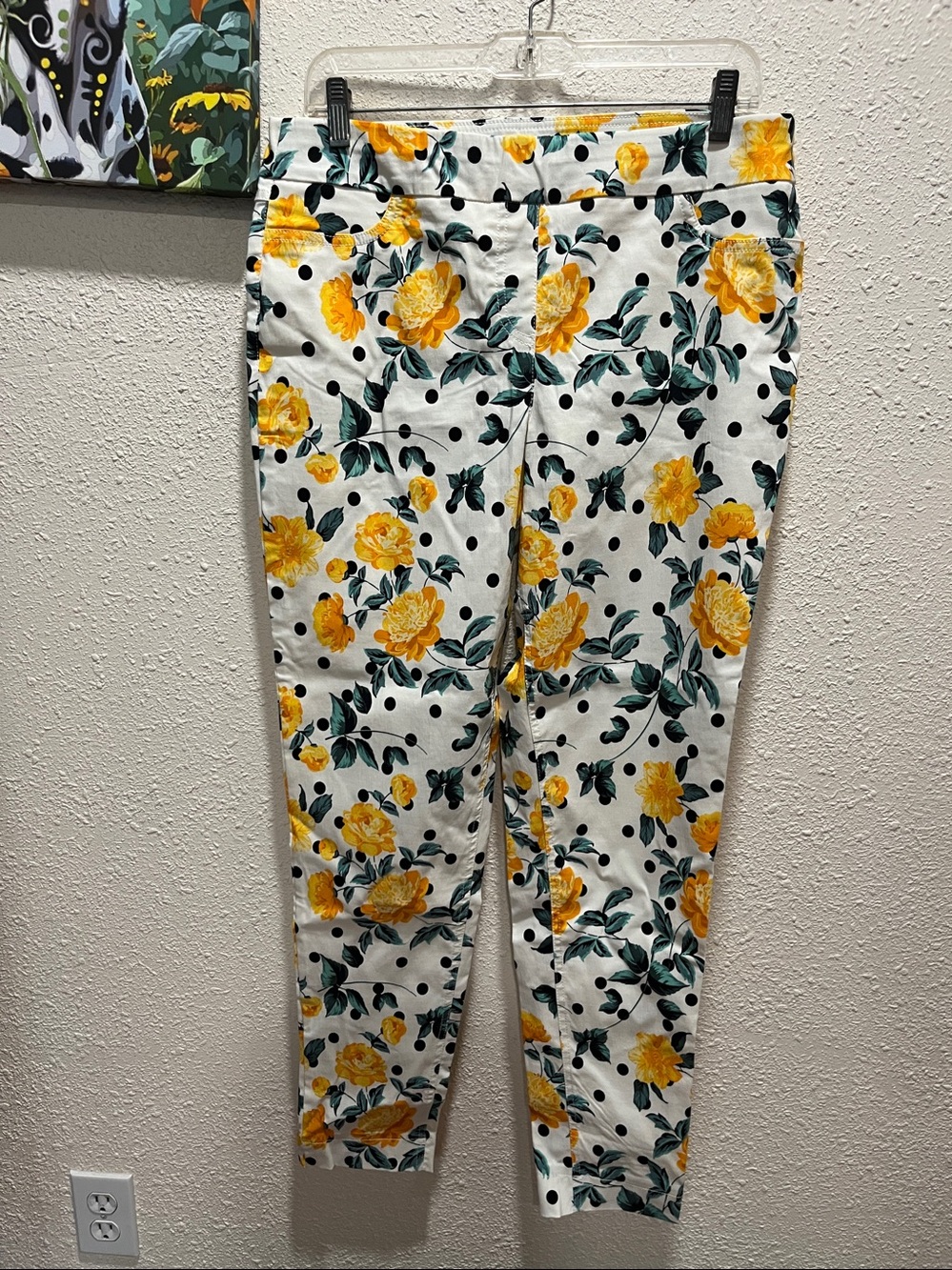 VENUS White with Yellow Floral and Black Polka Dot Pants SZ L